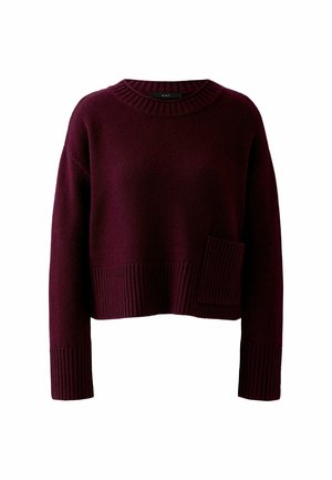 Burgundy knit sweater with a round neckline, ribbed hem, and long sleeves. Features a front pocket with a textured accent.