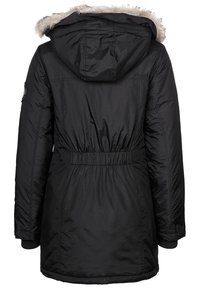 Černá zateplená parka s kapucí z umělé kožešiny, elastickým pasem a dlouhými rukávy. Hladký povrch s prošívanými detaily a logem na rukávu.