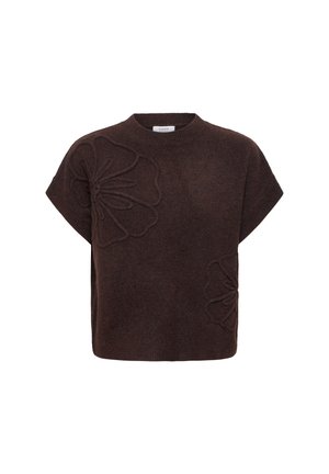Pull tricoté marron foncé à manches courtes avec col rond et motifs floraux en relief sur les côtés avant.
