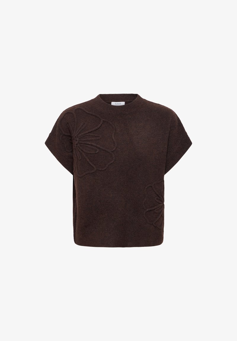 Pull tricoté marron foncé à manches courtes avec col rond et motifs floraux en relief sur les côtés avant.