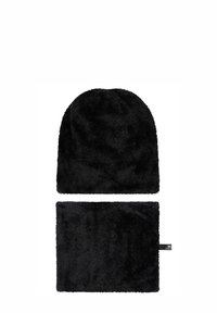 Black fleece beanie and neck warmer set, featuring soft, fluffy texture with rounded crown design and rectangular shape for neck coverage.