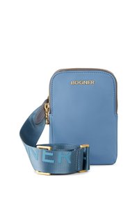 Blue leather crossbody bag with gold hardware, zip closure, and adjustable strap featuring “BOGNER” logo in light blue. Smooth texture.