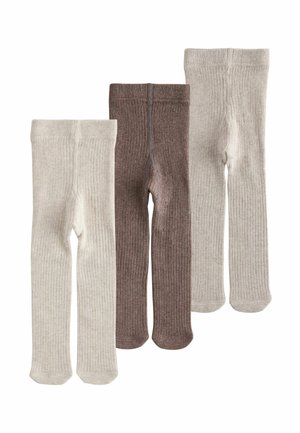 Tres pares de leotardos de punto acanalado para bebé en beige, marrón y gris claro, colocados uno al lado del otro sobre un fondo blanco.