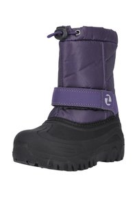 Stivale impermeabile viola con tomaia in nylon trapuntato e suola in gomma nera, dotato di una fascia con chiusura a velcro e coulisse. Suola testurizzata.