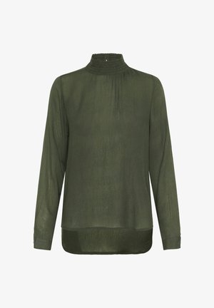 Lange mouwen blouse in donkergroen olijf met hoge gerimpelde kraag en met knopen afgewerkte manchetten, gemaakt van lichte semi-transparante stof.