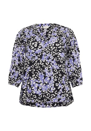 Blusa nera con stampa leopardata viola e bianca, scollatura a V e maniche a tre quarti, realizzata in tessuto leggero.