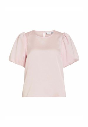 Haut rose pâle à manches courtes avec une finition satinée lisse, un col rond et des manches bouffantes. Fermeture arrière avec une petite ouverture en forme de trou de serrure.