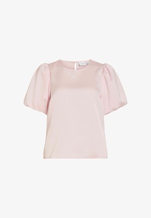 Gaiši rozā īss piedurkņu tops ar gludu satīna apdari, apaļu kakla izgriezumu un pūstošām piedurknēm. Aizmugurē ir maza atvere ar aizdares detaļu.