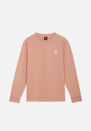 Maglietta a maniche lunghe rosa polvere con scollo tondo e piccola grafica beige di sole e orso sul lato sinistro del petto.