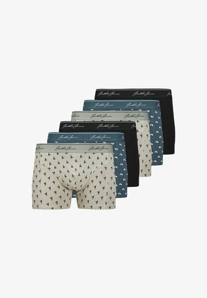 Fünf Paar Boxer-Briefs in unterschiedlichen Farben: beige mit Mustern, teal und einfarbig schwarz. Weicher Stoff mit elastischen Taillenbündchen, auf denen der Markenname steht.
