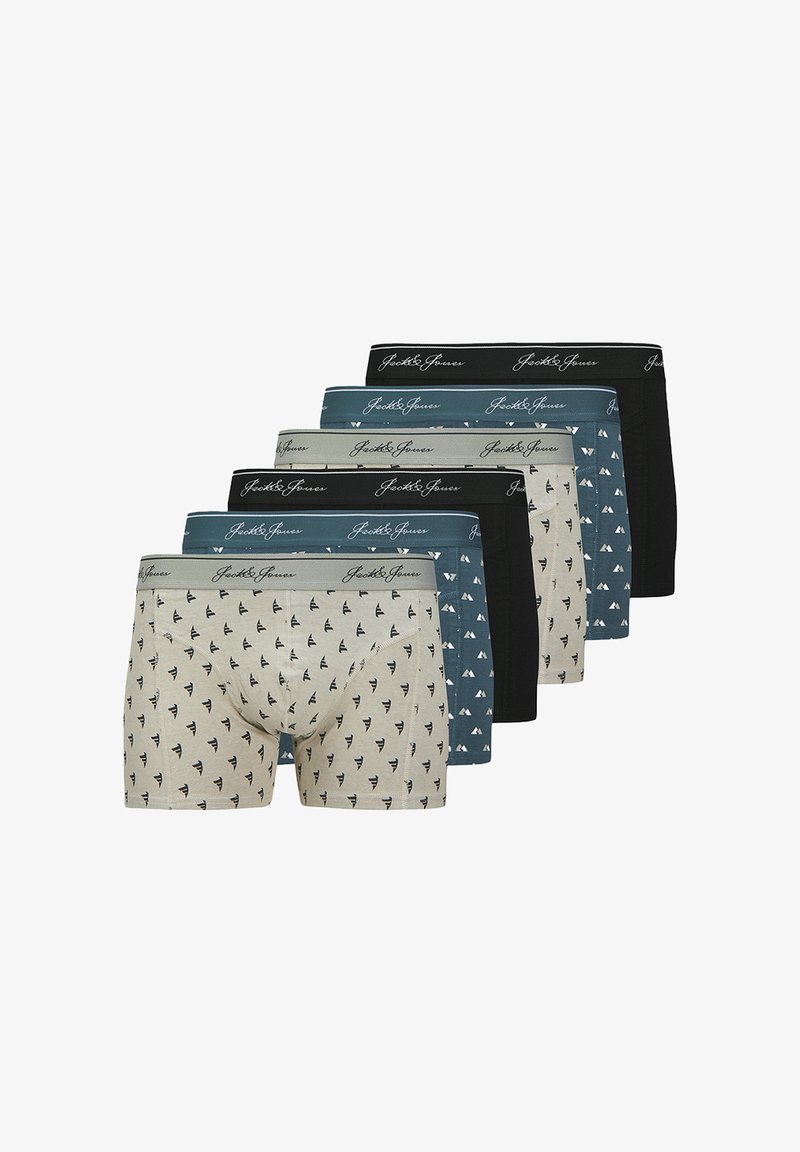 Viisi paria boxer-tyylisiä alusvaatteita eri väreissä: kuvioitu beige, teal ja tummanmustat. Pehmeää kangasta, jossa joustavat vyötärönauhat, joilla on brändinimi.