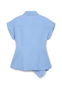 Blusa azzurro chiaro a maniche corte con colletto a punta, orlo curvo e texture liscia, caratterizzata da dettagli delle cuciture sul retro.