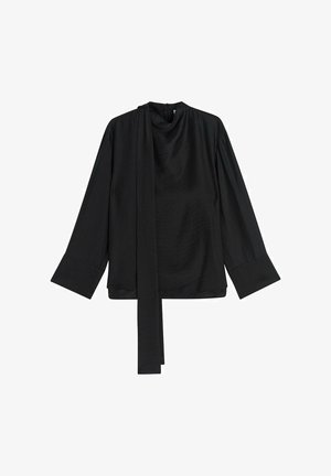 Schwarze Bluse mit langen Ärmeln und hohem Kragen, ausgestattet mit einer drapierten Schleifendetail und breiten Manschetten aus einem glatten, leichten Stoff.