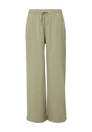 Light green wide-leg pants made of textured fabric. Features an elastic waistband with drawstring and side pockets. Soft, breathable material.