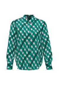 Chemise à manches longues à carreaux verts et blancs, avec col, poignets froncés et coupe légèrement ample.