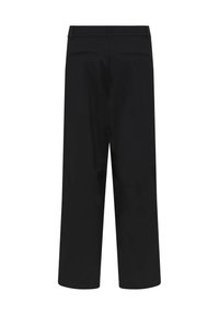 Black wide-leg trousers made from a smooth fabric. Features two back pockets and a waistband. Simple, unembellished design.