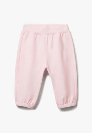 Pantalons pour bébé en rose doux avec une taille élastique et des poignets, conçus pour le confort et la facilité de mouvement.