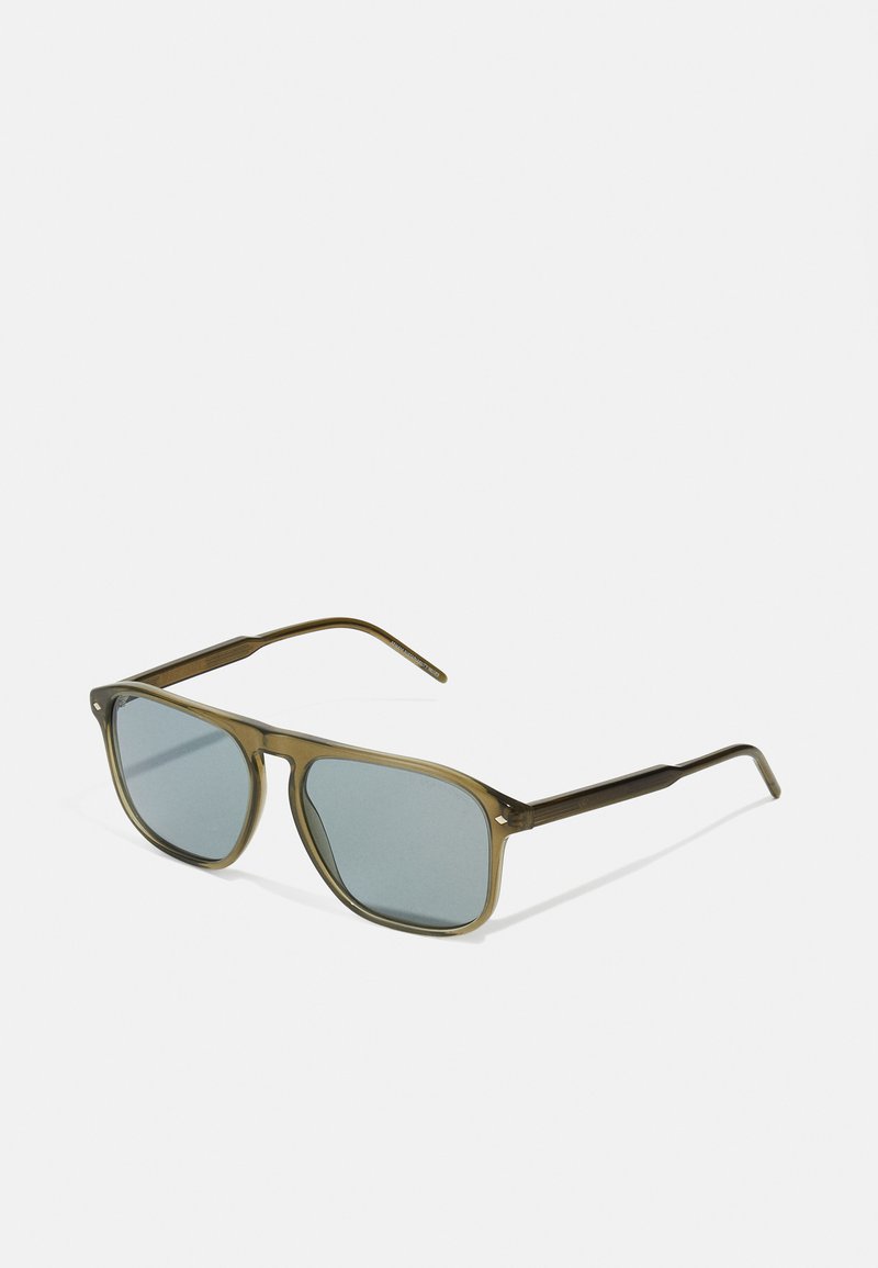 Rectangular sunglasses with olive green plastic frame and tinted blue lenses. Slim metal arms extend from the frame, featuring minimalist accents.