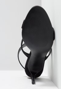 Sandale noire à talons hauts avec semelle texturée et fines brides, photographiée par le dessous sur un fond blanc d'angle.