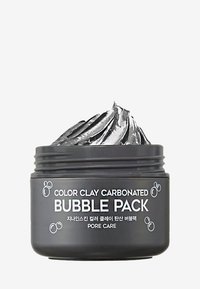 Conteneur noir de sachets de bulles avec un produit gris texturé et tourbillonné. L'étiquette présente un texte blanc détaillant le nom du produit et son usage.