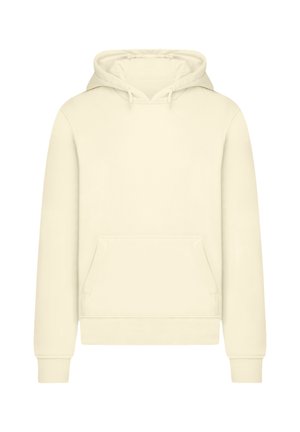 Cremefarbener Pullover mit Kapuze, vorderer Kängurutasche, gerippten Bündchen und verstellbarer Kordelzugkapuze.