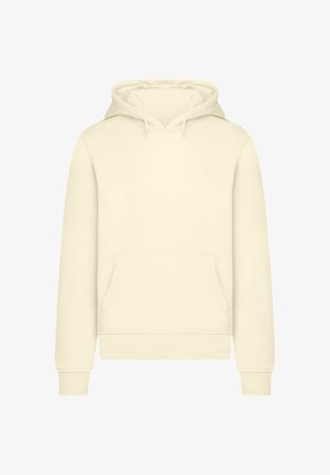 Cremefarbener Pullover mit Kapuze, vorderer Kängurutasche, gerippten Bündchen und verstellbarer Kordelzugkapuze.