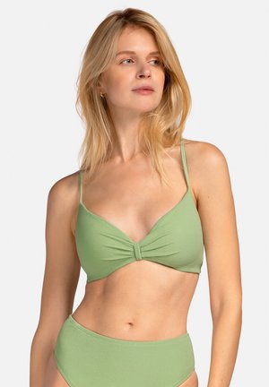 Zielony teksturowany stanik bikini z cienkimi ramiączkami, z detalem skrętu z przodu. Koordynuje z pasującym do niego wysokim bikini.