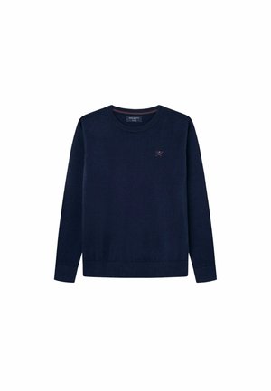 Mørkeblå sweater, rund hals, strikket stof, ribbede manchetter og kant, lille broderet logo på brystet, letvægtsdesign.