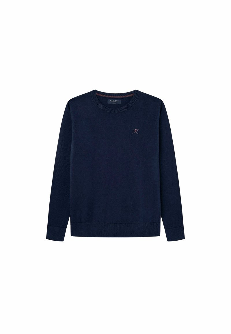 Pull bleu marine, col rond, tissu tricoté, poignets et ourlet côtelés, petit logo brodé sur la poitrine, design léger.