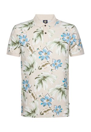 Polo shirt bej deschis cu modele florale albastre și frunze verzi, având un guler clasic și trei butoane maronii la decolteu.