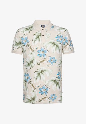 Polo shirt bej deschis cu modele florale albastre și frunze verzi, având un guler clasic și trei butoane maronii la decolteu.
