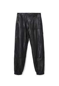 Zwarte faux leren joggerbroeken met elastische boorden, voor- en zijzakken en gestikte paneeldetails.