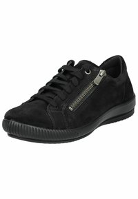 Black suede sneaker with lace-up front and side zipper. Features a textured rubber sole and smooth accents. Lightweight design.