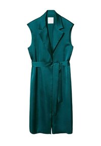 Turkusowa satynowa sukienka bez rękawów z paskiem, z kołnierzem i prostym krojem, charakteryzująca się gładką teksturą oraz minimalistycznym designem.