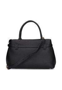 Zwarte handtas van leer met een gestructureerde afwerking, twee korte handvatten en een afneembare schouderband. Heeft een strakke, minimalistische uitstraling.