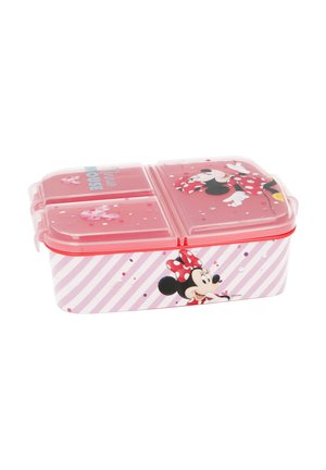Rosa Kunststoff-Lunchbox mit roten Akzenten, ausgestattet mit einem geteilten Innenraum, einem Minnie Mouse-Design und einem gestreiften Muster an den Seiten.