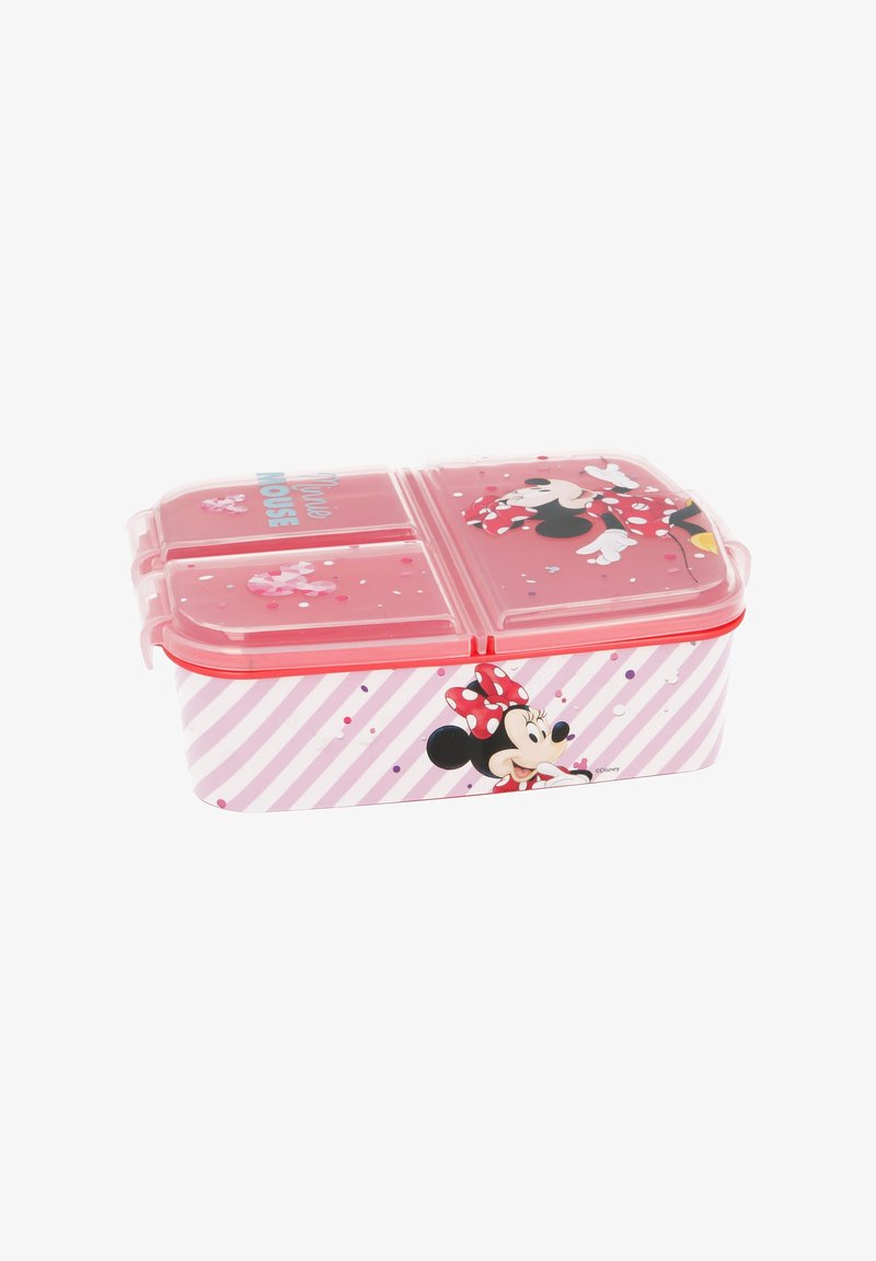 Pink plastic lunch box with red accents, featuring a divided interior, Minnie Mouse design, and a striped pattern on the sides.