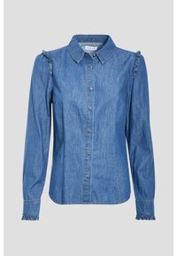 Lichtblauwe jeanshemel met lange mouwen, gerimpelde schouderaccenten, knoopsluiting aan de voorkant en gegatherde manchetten. Klassieke kraag en rechte snit.