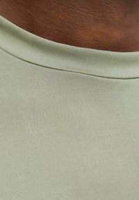 Camiseta ajustada de color verde claro, con una textura suave y un cuello redondo acanalado. La vista en primer plano destaca los detalles del tejido y el color.