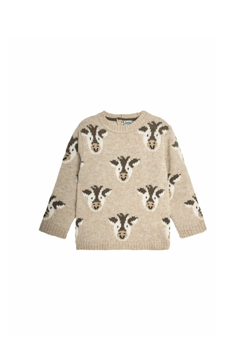 Beige gestrickter Pullover mit einem Muster von Ziegenköpfen in Braun und Weiß, Rundhals, langen Ärmeln sowie gerippten Bündchen und Saum.