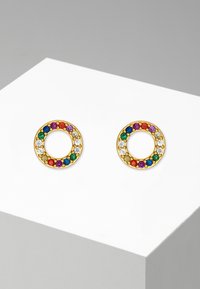 Orecchini circolari in oro con pietre multicolori incastonate, circondati da una fascia in oro testurizzata con un centro vuoto.