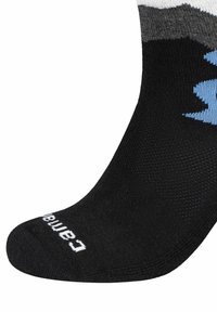 Calza nera con strisce grigie e bianche, caratterizzata da un motivo blu sul lato. Il materiale sembra lavorato a maglia con una texture liscia. Logo "Cammel" sulla punta.