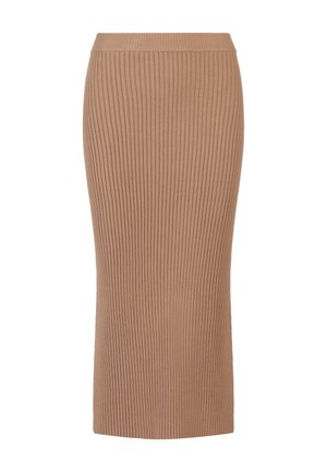 Brauner, gerippter Midirock mit figurbetonter Silhouette, hoher Taille und strukturiertem Stoff, der bis zur Wade reicht.