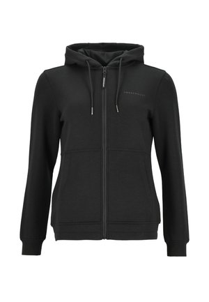 Black zip-up hoodie made of cotton blend. Features a hood, drawstring, two front pockets, and embroidered brand logo on the chest.