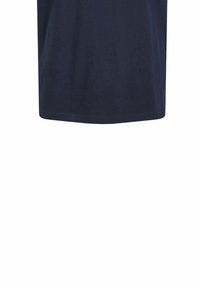 Maglietta di cotone blu navy, maniche corte, collo rotondo, design semplice, texture liscia, senza motivi o accenti visibili.