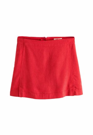 Punane linane mini seelik, kerge A-lõikega, horisontaalne õmblus allservas ja peidetud lukuga taga. Sile tekstuur.