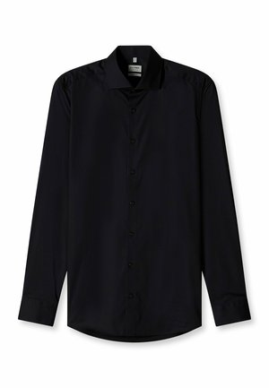 Black long-sleeve shirt made of smooth fabric, featuring a classic collar, button front, and rounded hem. No patterns or embellishments.