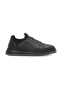 Schwarze Ledersneaker mit glatter Oberfläche, runder Zehenpartie, kontrastierenden Schnürsenkeln und einer strukturierten Gummisohle für besseren Halt.
