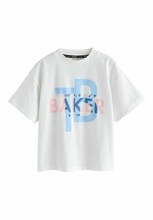 White short-sleeve t-shirt with a crew neckline, featuring blue and pink graphic text "TB BAKER EST. 1988" and geographic coordinates.