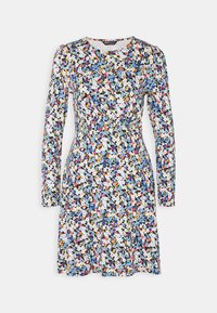 Sukienka w kwiatowy wzór z długimi rękawami, okrągłym dekoltem i dopasowaną talią. Kolory to niebieski, biały, pomarańczowy i różowy na ciemnym tle.